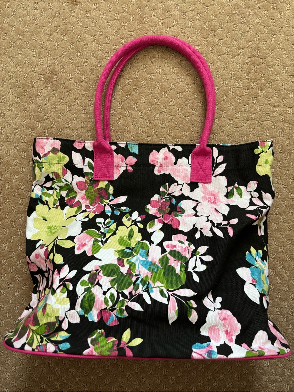 Floral Canvas Tote Bag with Pink Handles